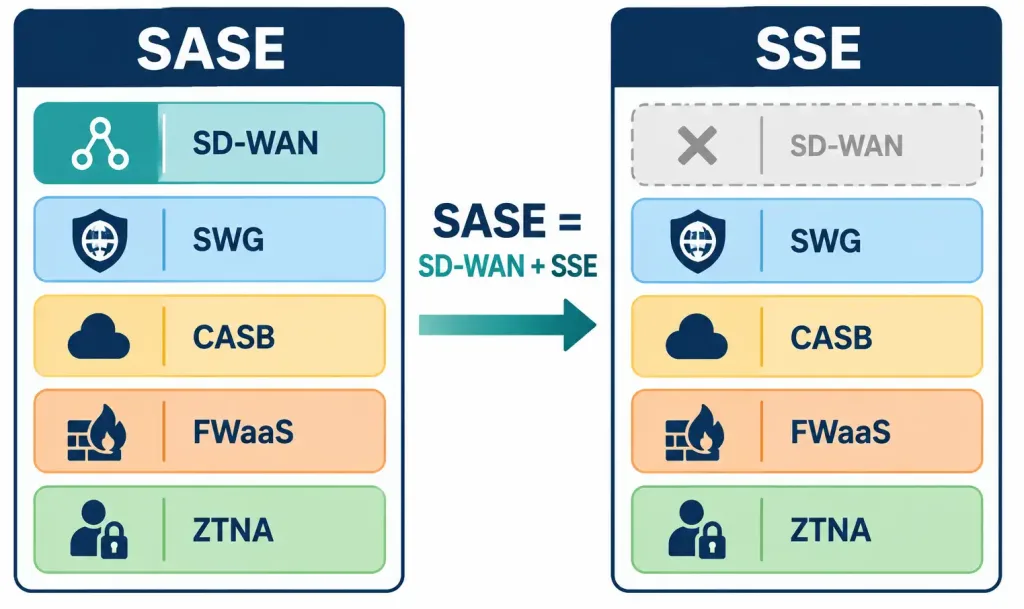 Lesson 1.8.3 — Zero Trust And Sase/Sse 4 Diagram Comparing Sase And Sse, Showing Sse As Sase Without The Sd-Wan Component