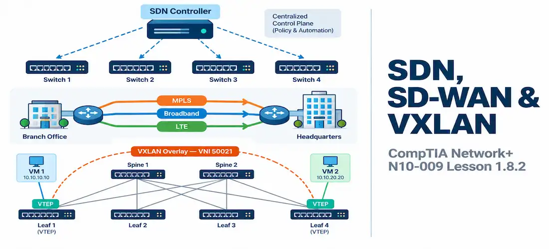 Lesson 1.8.2 — Sdn, Sd-Wan &Amp; Vxlan 1 Illustration Of Ipv6 Addressing And Transition Mechanisms Alongside The Network+ N10-009 Lesson 1.8.1 Title Card
