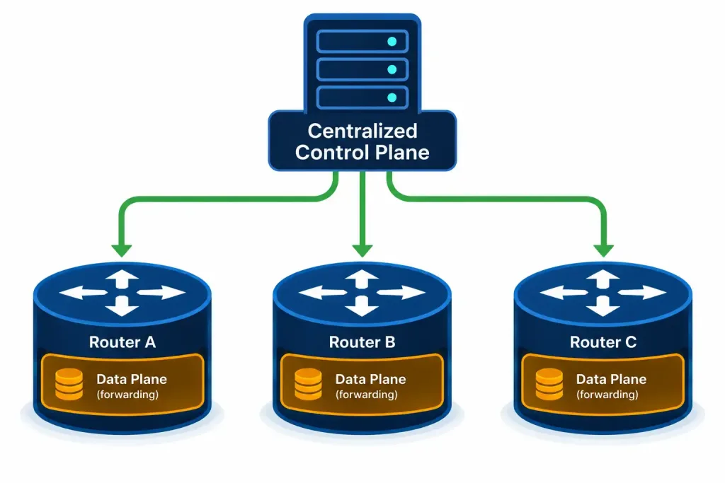 Describe Controller-Based And Software-Defined Architectures 5 Diagram Showing A Centralized Controller Making Decisions While Individual Devices Only Handle Data Plane Forwarding