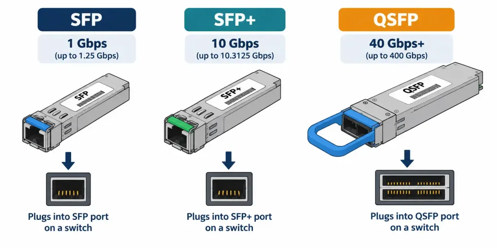 Lesson 1.5.2 — Wireless Standards &Amp; Transceivers 4 Diagram Comparing Sfp, Sfp+, And Qsfp Transceiver Form Factors And Speeds