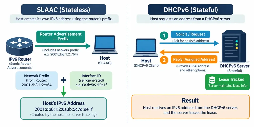 Lesson 3.4.1 Practice Quiz — Dhcp &Amp; Ipv4/Ipv6 Addressing Services 4 Diagram Comparing Slaac'S Self-Generated, Untracked Addressing Against Dhcpv6'S Centrally Assigned And Tracked Addressing