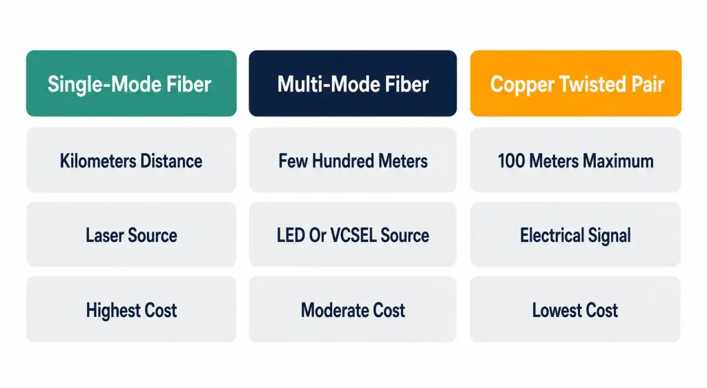Physical Interface And Cabling Types: Fiber, Copper, And Ethernet Fundamentals 3 Three-Column Comparison Of Single-Mode Fiber, Multi-Mode Fiber, And Copper Twisted Pair By Distance, Light Source, And Cost