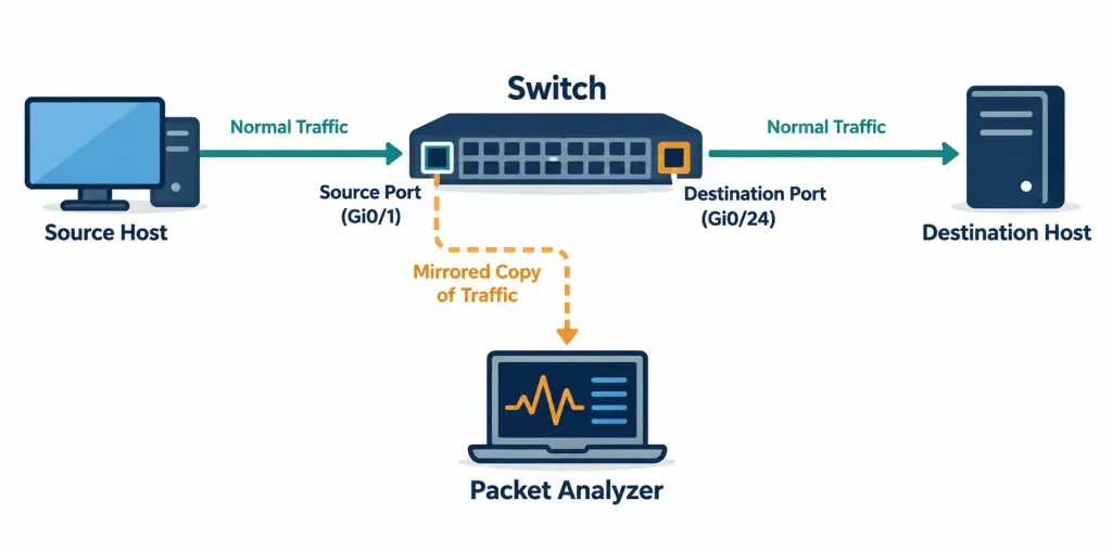 Lesson 3.2.2 — Advanced Monitoring: Flow Data, Packet Capture, Span &Amp; Network Discovery 3 Diagram Showing A Switch Copying Traffic From A Source Port To A Destination Port For Analysis Without Disrupting The Original Path