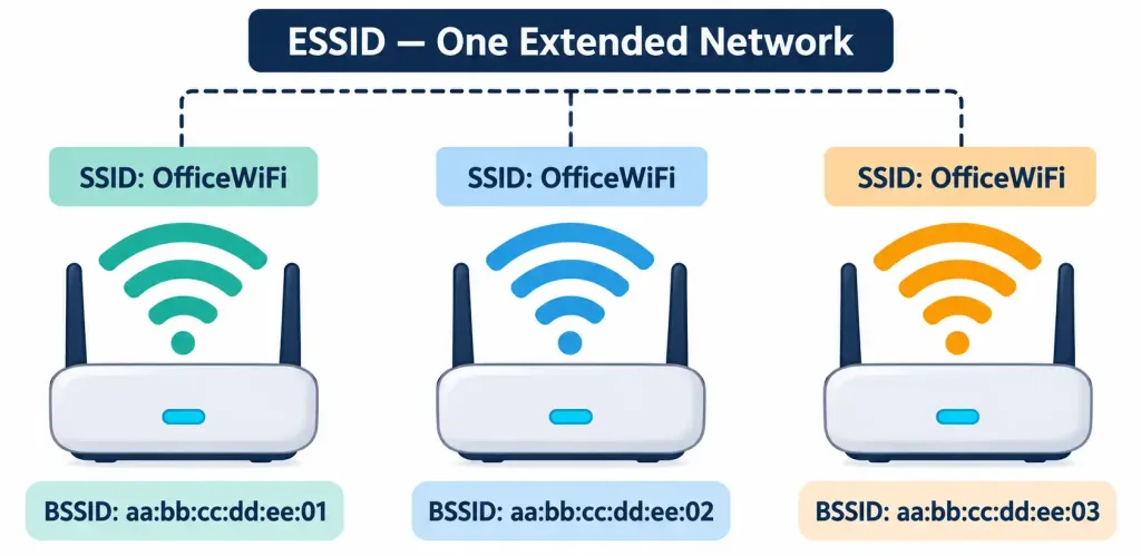 Lesson 2.3.2 — Ssid Types, Wireless Network Types &Amp; Ap Modes 2 Diagram Showing Three Access Points With Distinct Bssids All Broadcasting The Same Ssid To Form One Essid
