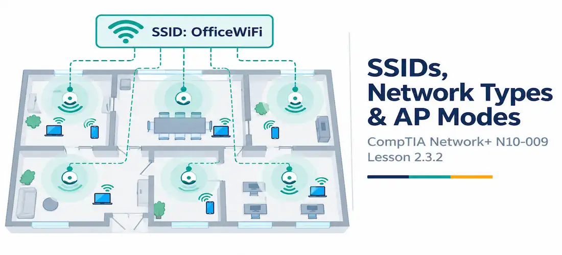 Lesson 2.3.2 — Ssid Types, Wireless Network Types &Amp; Ap Modes 1 Illustration Of A Network Name Tag Floating Above A Floor Plan With Organized Radio-Signal Dots