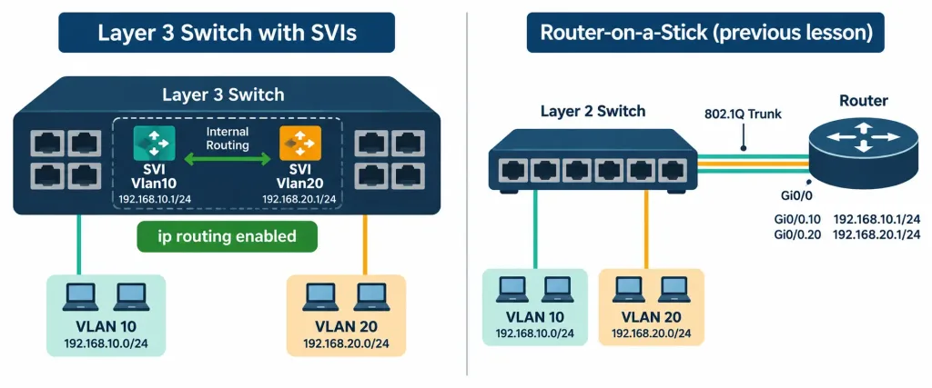 Lesson 2.2.1 — Vlans, Vlan Database &Amp; Svis 4 Diagram Comparing Inter-Vlan Routing Done Internally Via Svis On A Layer 3 Switch Against Router-On-A-Stick Using An External Router