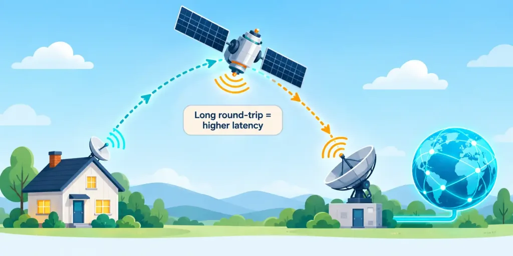 Lesson 2.7: Internet Service Types 4 Diagram Showing A Satellite Internet Signal Traveling From A Home Dish To An Orbiting Satellite And Back To A Ground Station
