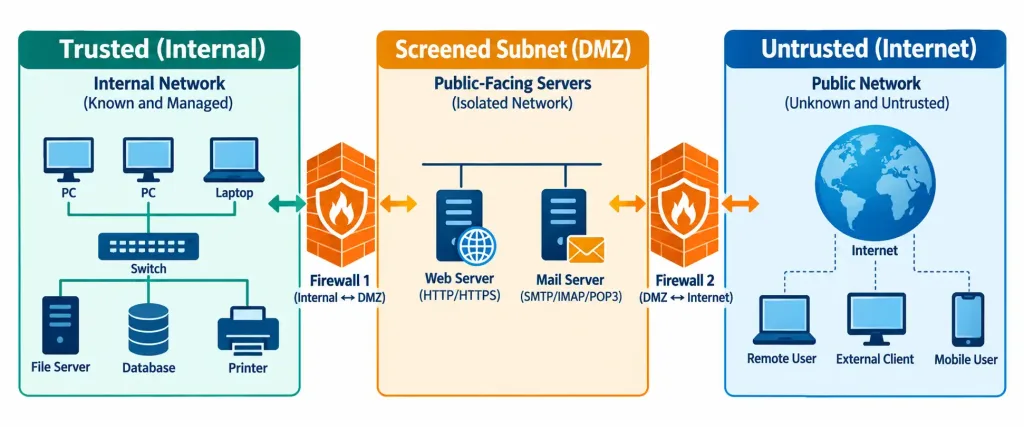 Lesson 4.3.2 — Security Rules &Amp; Zones: Acls, Filtering &Amp; The Screened Subnet 4 Diagram Showing A Screened Subnet Containing Public-Facing Servers Positioned Between A Trusted Internal Zone And An Untrusted Internet Zone
