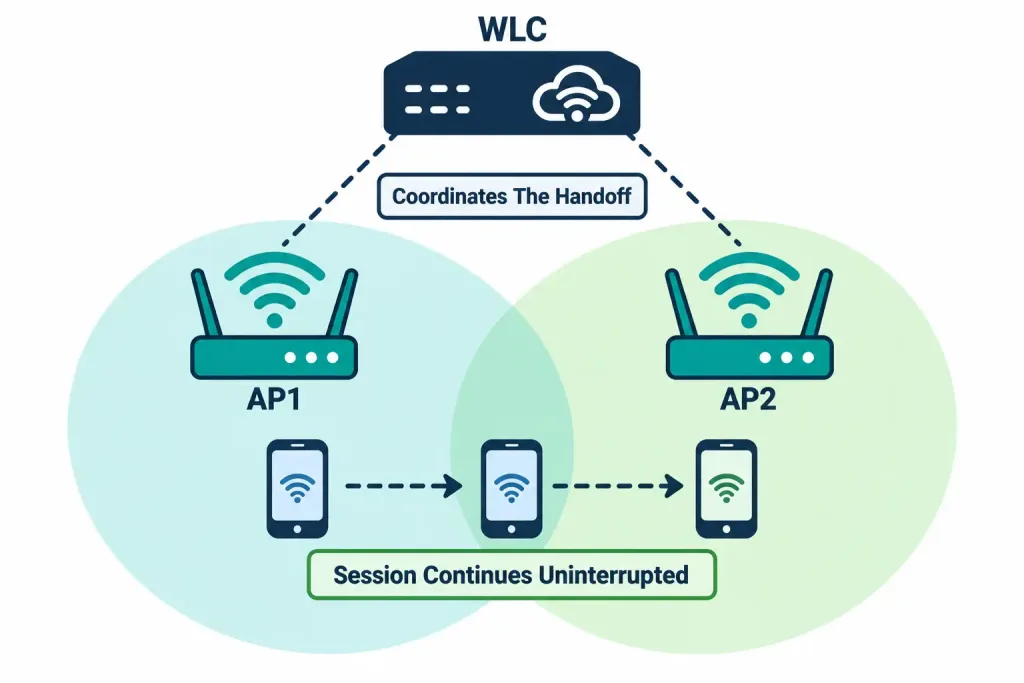 Cisco Wireless Architectures And Ap Modes: Autonomous, Lightweight, And Mesh 6 Diagram Showing A Mobile Device Moving Between Two Access Points' Coverage Areas With The Wlc Coordinating A Seamless Handoff