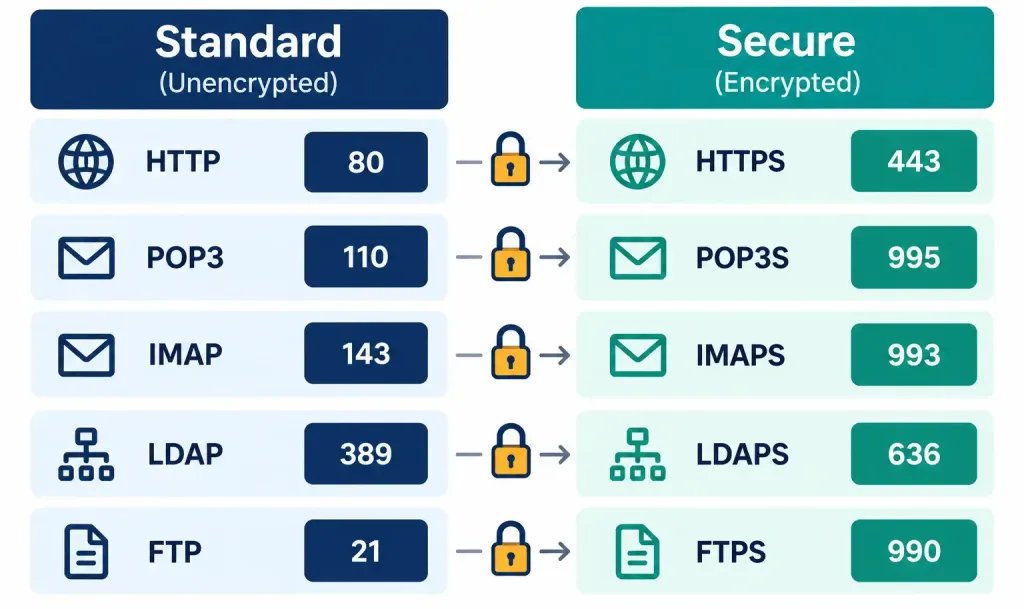 Lesson 1.4.1 — Common Ports And Protocols 4 Diagram Showing Standard Protocols Paired With Their Secure, Dedicated-Port Variants
