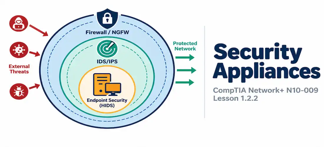 Lesson 1.2.2 — Security Appliances 1 Illustration Of A Firewall, Ids, And Ips Layered Defense Alongside The Network+ N10-009 Lesson 1.2.2 Title Card