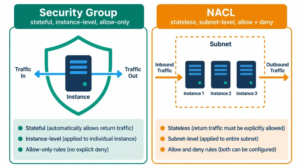 Lesson 1.3.2 — Cloud Connectivity Options 2 Diagram Comparing Security Groups And Nacls By Scope And Statefulness