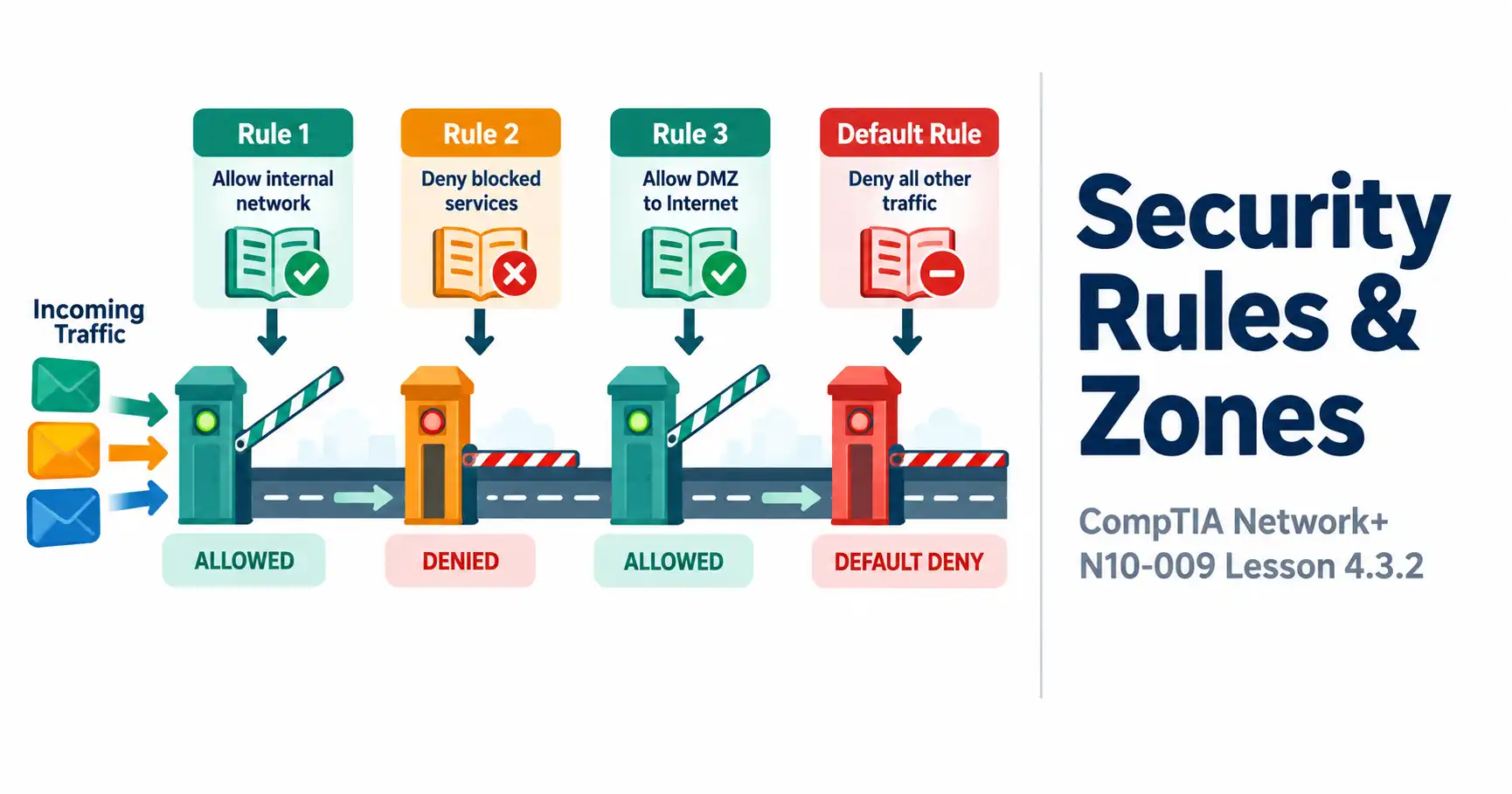 Lesson 4.3.2 — Security Rules &Amp; Zones: Acls, Filtering &Amp; The Screened Subnet 1 Illustration Of A Row Of Rule-Based Gated Checkpoints Ending In A Default Closed Gate