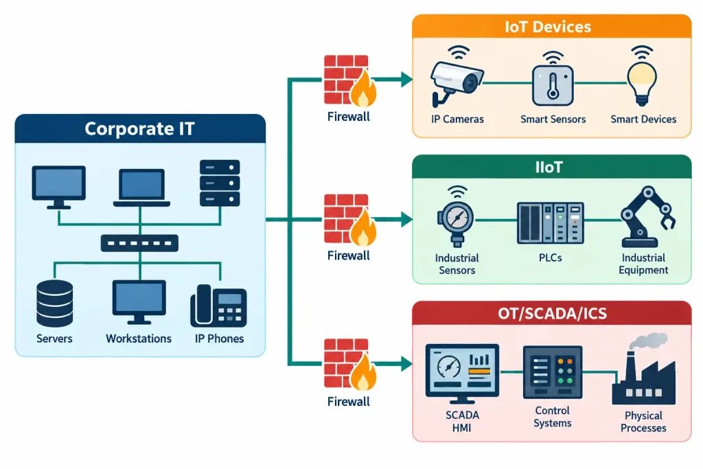 Lesson 4.1.4 — Physical Security, Deception Technology &Amp; Segmentation Enforcement 3 Diagram Showing Iot, Iiot, And Ot/Scada/Ics Devices Each Isolated Behind Firewalls Into Their Own Segments Away From The Corporate It Network