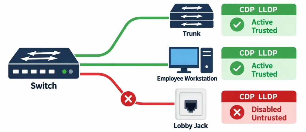 Configuring And Verifying Layer 2 Discovery Protocols: Cdp And Lldp 6 Diagram Showing Cdp And Lldp Left Active On Trusted Trunk And Workstation Ports While Disabled Specifically On An Untrusted Lobby Jack Port
