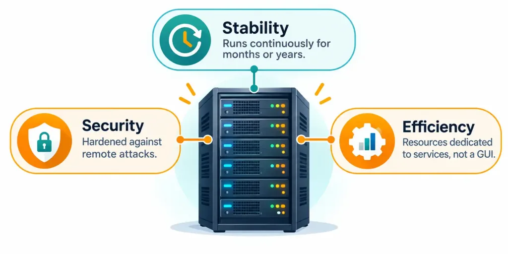 Lesson 3.2: The Purpose Of Operating Systems 4 Diagram Showing A Server With Callouts For Stability, Security, And Efficiency As Its Core Priorities