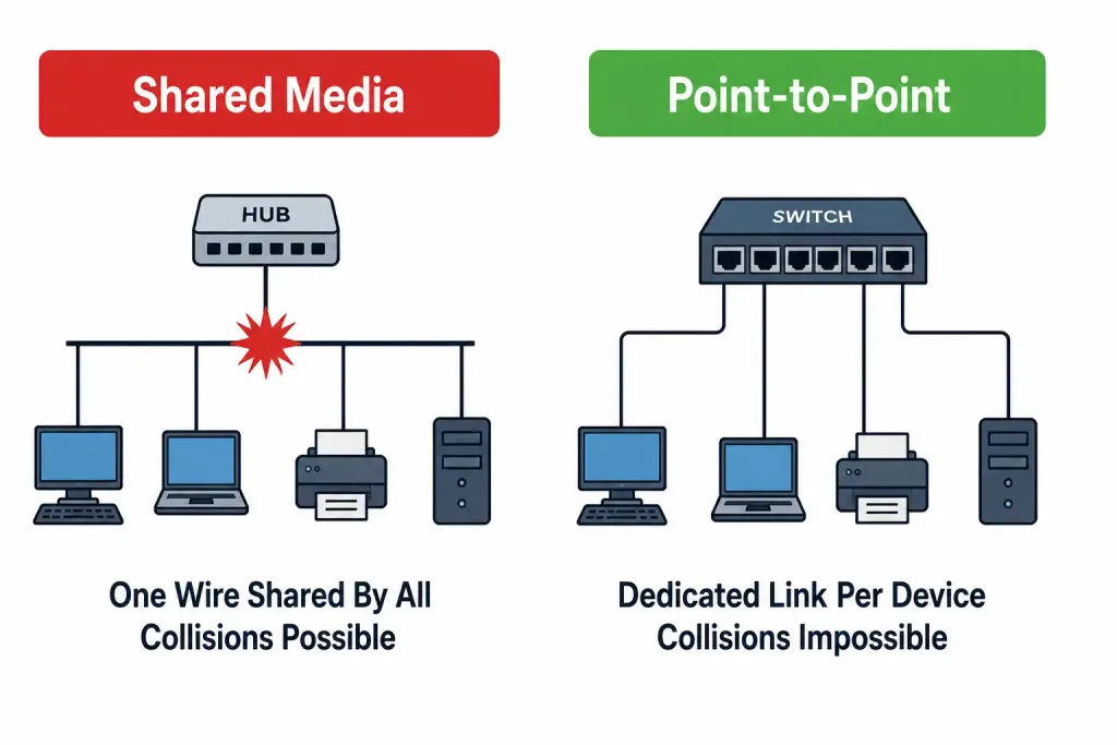 Physical Interface And Cabling Types: Fiber, Copper, And Ethernet Fundamentals 4 Comparison Showing Shared-Media Ethernet With A Collision-Prone Hub Versus Point-To-Point Switched Ethernet With Dedicated Collision-Free Links
