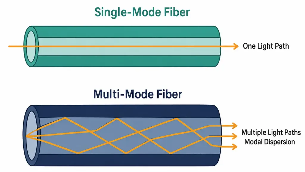 Physical Interface And Cabling Types: Fiber, Copper, And Ethernet Fundamentals 2 Diagram Comparing A Single Straight Light Path In Single-Mode Fiber To Multiple Bouncing Light Paths In Multi-Mode Fibe