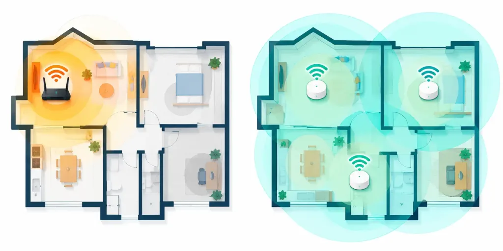 Lesson 2.9: Small Wireless Network Capabilities 5 Floor Plan Comparison Showing Weak Single-Router Coverage Versus Even Coverage From A Mesh Network