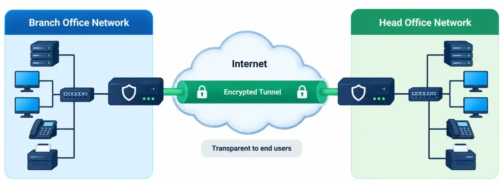 Describe Remote Access And Site-To-Site Vpns 5 Diagram Showing Two Entire Networks Connected Via A Persistent Encrypted Tunnel Terminated On Routers At Each Site