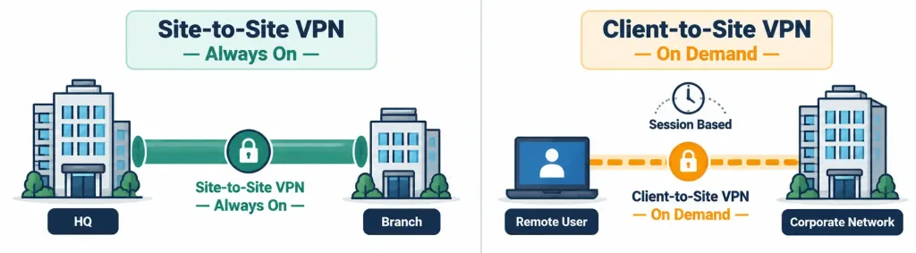 Lesson 3.5.1 — Remote Access &Amp; Management Methods 2 Diagram Comparing An Always-On Site-To-Site Vpn Connecting Two Networks Against An On-Demand Client-To-Site Vpn Connecting One User