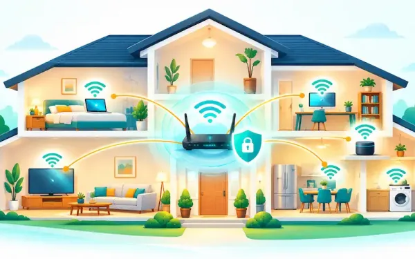 Illustration Of A Home Wi-Fi Network With Signal Coverage And A Security Shield Icon