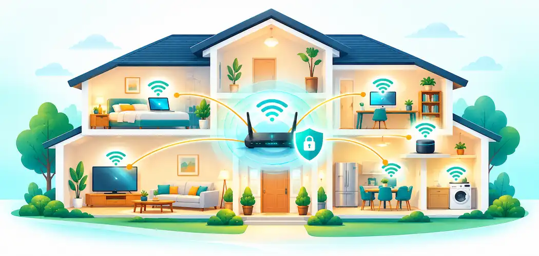 Lesson 2.9: Small Wireless Network Capabilities 1 Illustration Of A Home Wi-Fi Network With Signal Coverage And A Security Shield Icon