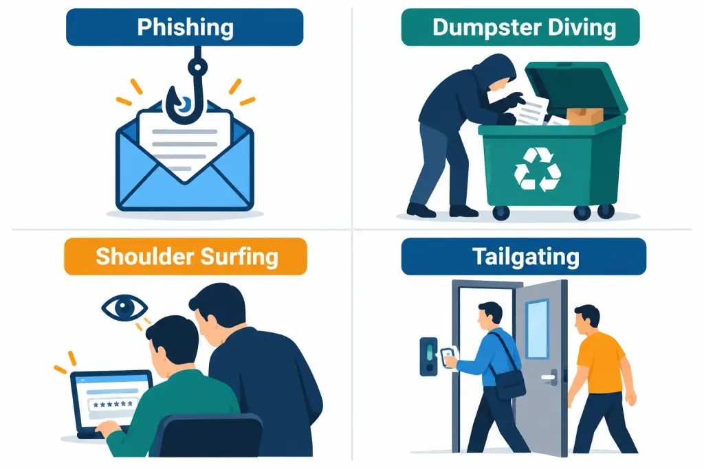 Lesson 4.2.2 — Rogue Devices, Evil Twin &Amp; Social Engineering 4 Diagram Showing Four Social Engineering Techniques: Phishing, Dumpster Diving, Shoulder Surfing, And Tailgating
