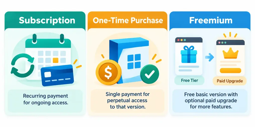 Lesson 3.3: The Purpose And Proper Use Of Software 4 Comparison Of Subscription, One-Time Purchase, And Freemium Software Licensing Models