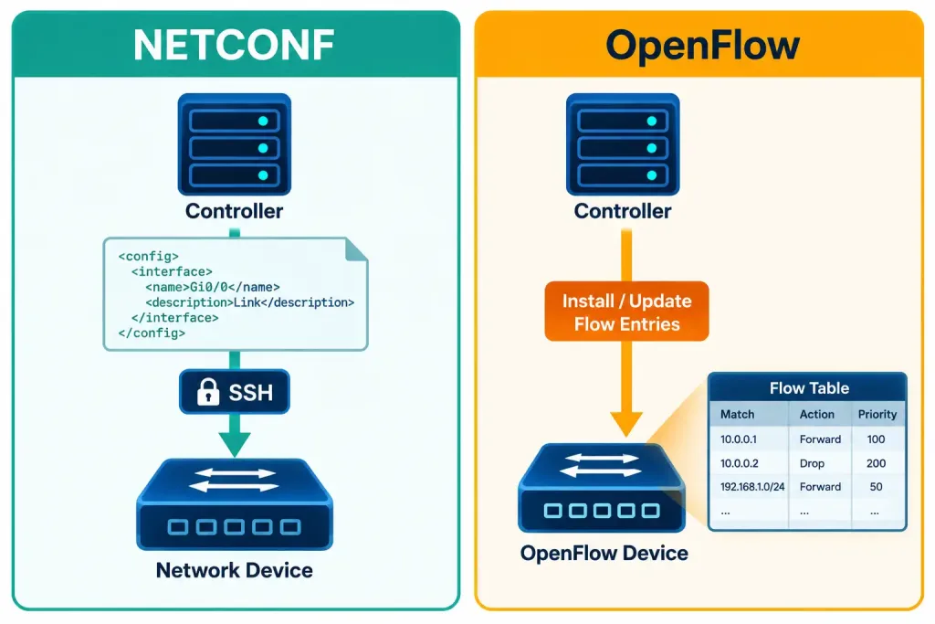 Describe Controller-Based And Software-Defined Architectures 7 Comparison Diagram Showing Netconf Using Xml Over Ssh Versus Openflow Directly Programming Flow Tables