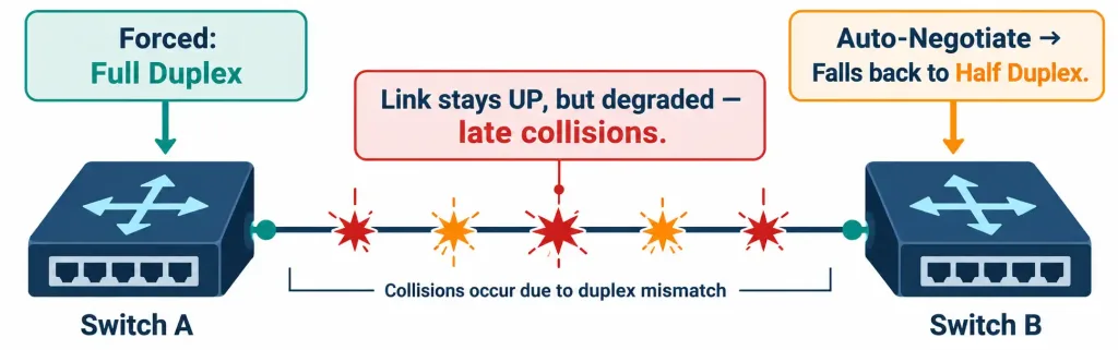 Lesson 2.2.3 — Link Aggregation, Interface Speed &Amp; Duplex 4 Diagram Showing A Duplex Mismatch Between A Forced Full-Duplex Side And An Auto-Negotiating Side That Fell Back To Half Duplex