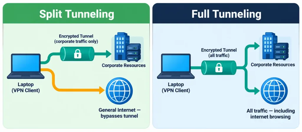 Describe Remote Access And Site-To-Site Vpns 4 Comparison Diagram Showing Split Tunneling Routing Only Corporate Traffic Through The Vpn Versus Full Tunneling Routing All Traffic Through It
