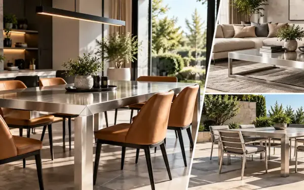 Modern Stainless Steel Dining Table And Metal Furniture In Stylish Indoor And Outdoor Living Spaces