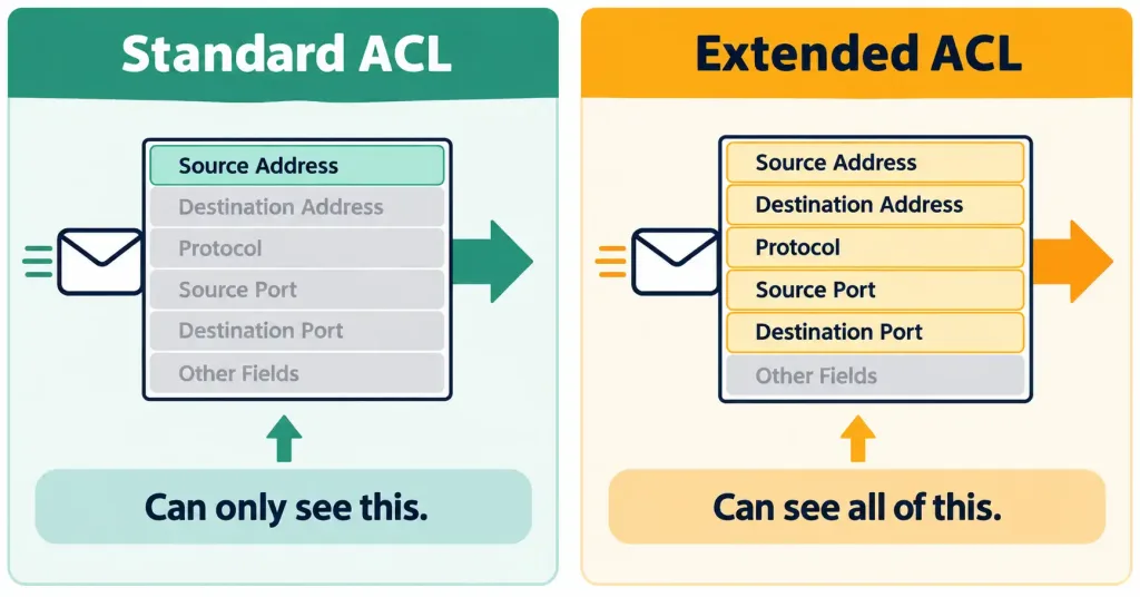 Configure And Verify Access Control Lists (Acls) 2 Comparison Diagram Showing Standard Acls Matching Only Source Address Versus Extended Acls Matching Source, Destination, Protocol, And Port
