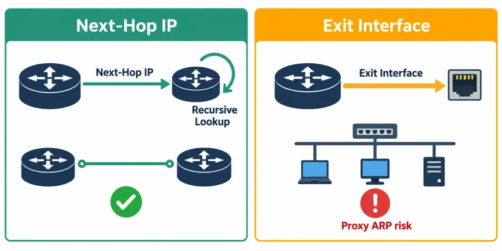 Configure And Verify Ipv4 And Ipv6 Static Routing 3 Diagram Comparing Next-Hop And Exit-Interface Static Route Configurations And Their Trade-Offs