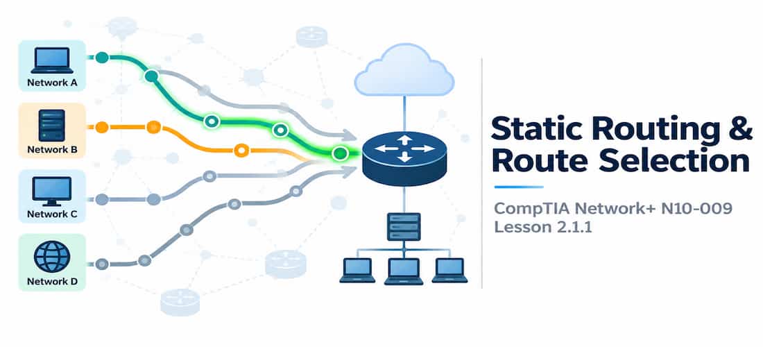 Lesson 2.1.1 — Static Routing, Route Selection &Amp; Administrative Distance 1 Illustration Of Multiple Branching Paths Converging Toward A Router With One Path Highlighted As Chosen