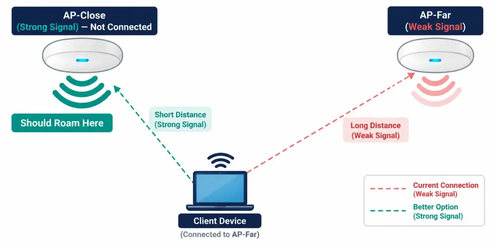 Lesson 5.4.1 — Troubleshooting Wireless Performance Issues 4 Diagram Showing A Client Device Remaining Connected To A Distant Weak Access Point Instead Of A Much Closer, Stronger One