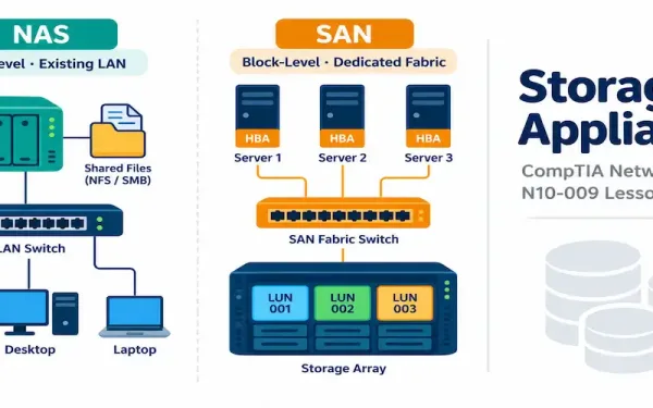 Illustration Of Nas And San Storage Appliances Alongside The Network+ N10-009 Lesson 1.2.4 Title Card