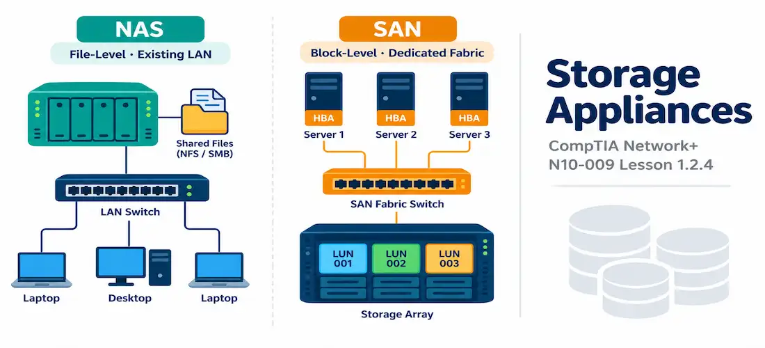 Lesson 1.2.4 — Storage Appliances 1 Illustration Of Nas And San Storage Appliances Alongside The Network+ N10-009 Lesson 1.2.4 Title Card