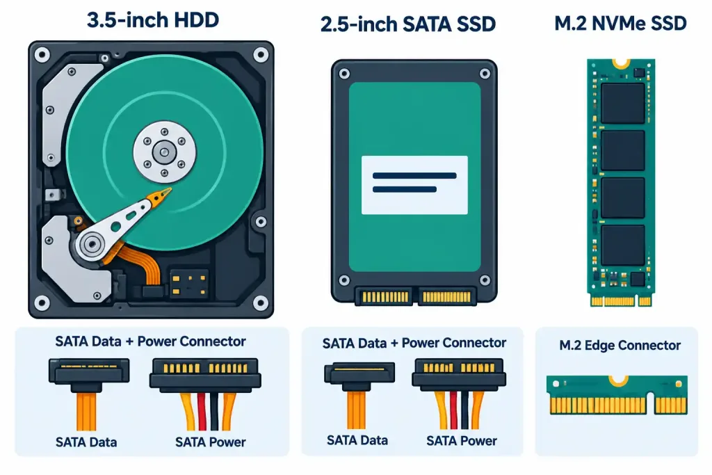 Lesson 2.3: Storage Types 5 Comparison Of A 3.5-Inch Hdd, 2.5-Inch Sata Ssd, And Compact M.2 Nvme Drive With Their Connectors Labeled