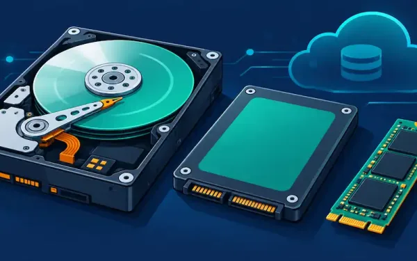 Illustration Of An Hdd, Ssd, And M.2 Drive Together With A Cloud Storage Icon In The Background