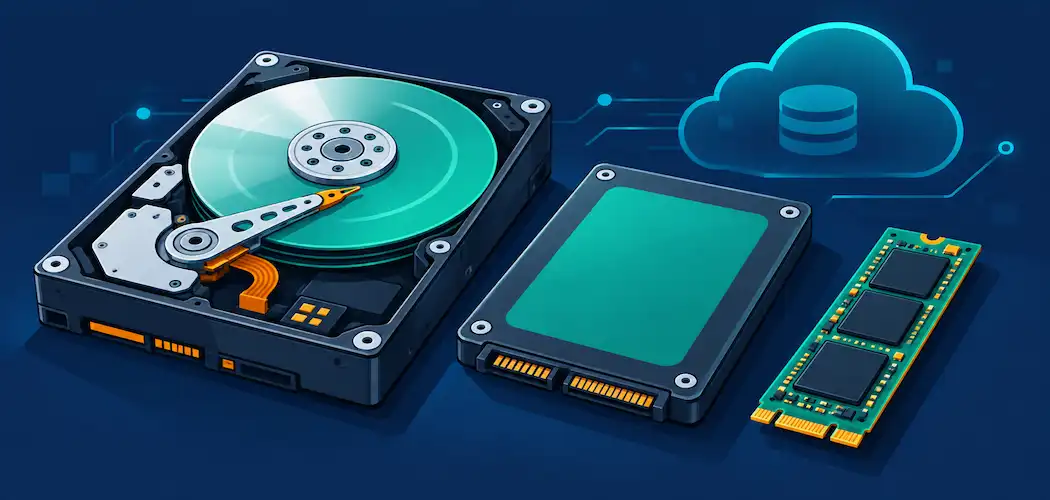Lesson 2.3: Storage Types 1 Illustration Of An Hdd, Ssd, And M.2 Drive Together With A Cloud Storage Icon In The Background