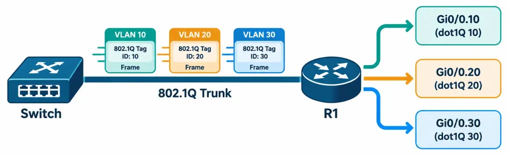 Lesson 2.1.5 — Subinterfaces And Router-On-A-Stick 3 Diagram Showing Tagged Vlan Frames On A Trunk Sorted To Matching Router Subinterfaces By Vlan Id