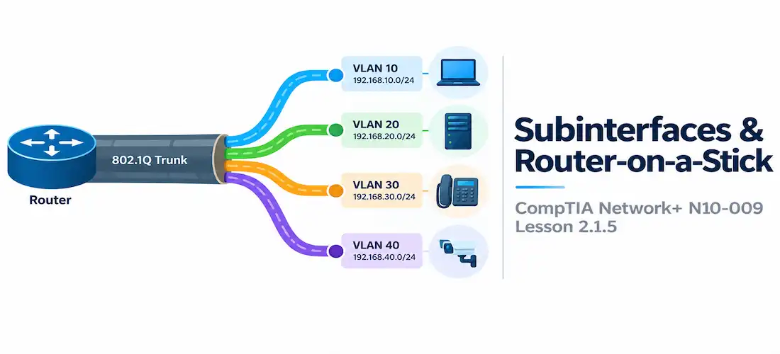 Lesson 2.1.5 — Subinterfaces And Router-On-A-Stick 1 Illustration Of One Cable Splitting Into Several Colored Streams Each Leading To A Separate Network Icon
