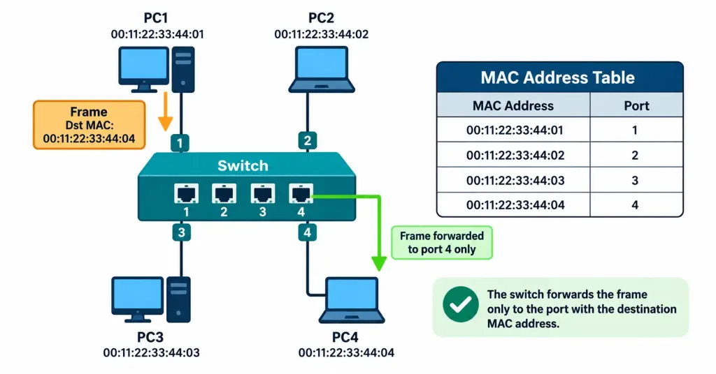 Lesson 1.2.1 — Core Infrastructure Devices 3 Diagram Of A Switch Learning And Forwarding Frames Using Its Mac Address Table