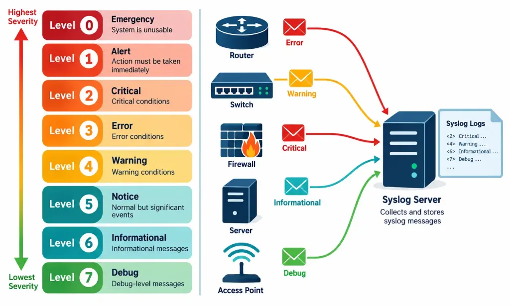Lesson 3.2.1 — Network Monitoring Fundamentals: Snmp, Syslog &Amp; Baselines 3 Diagram Showing The Syslog Severity Scale From Emergency To Debug Alongside Devices Sending Log Messages To A Central Syslog Server