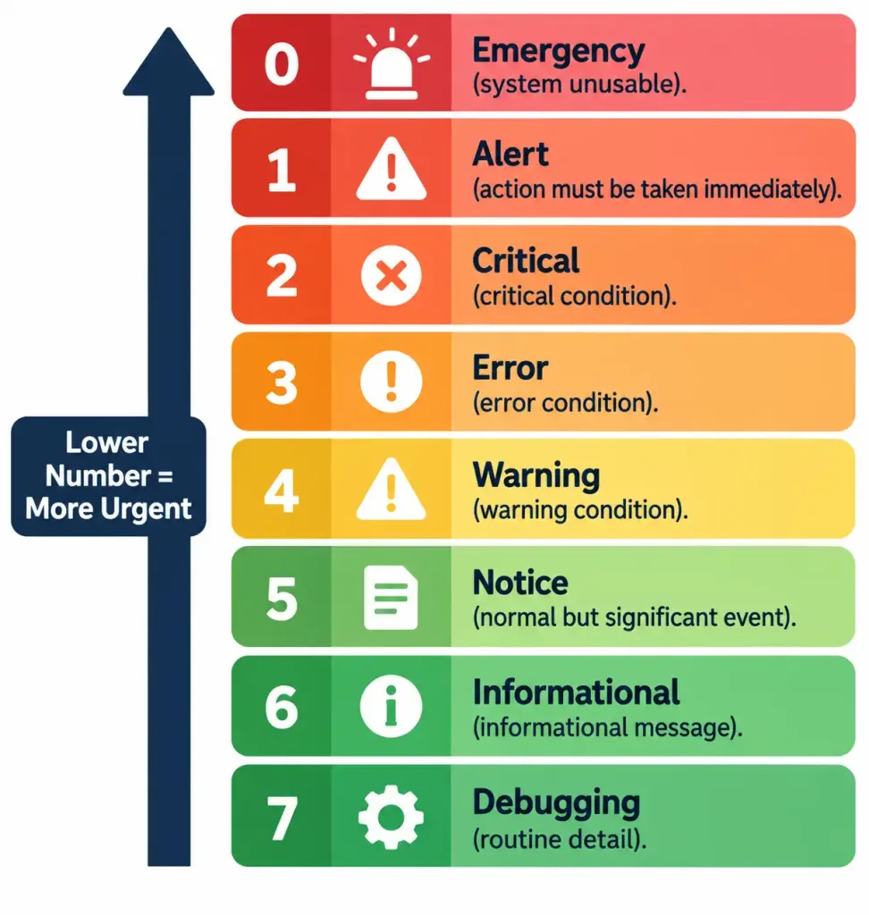 Describe The Use Of Syslog Features 4 Vertical Scale Showing Syslog Severity Levels 0 Through 7 From Most To Least Urgent