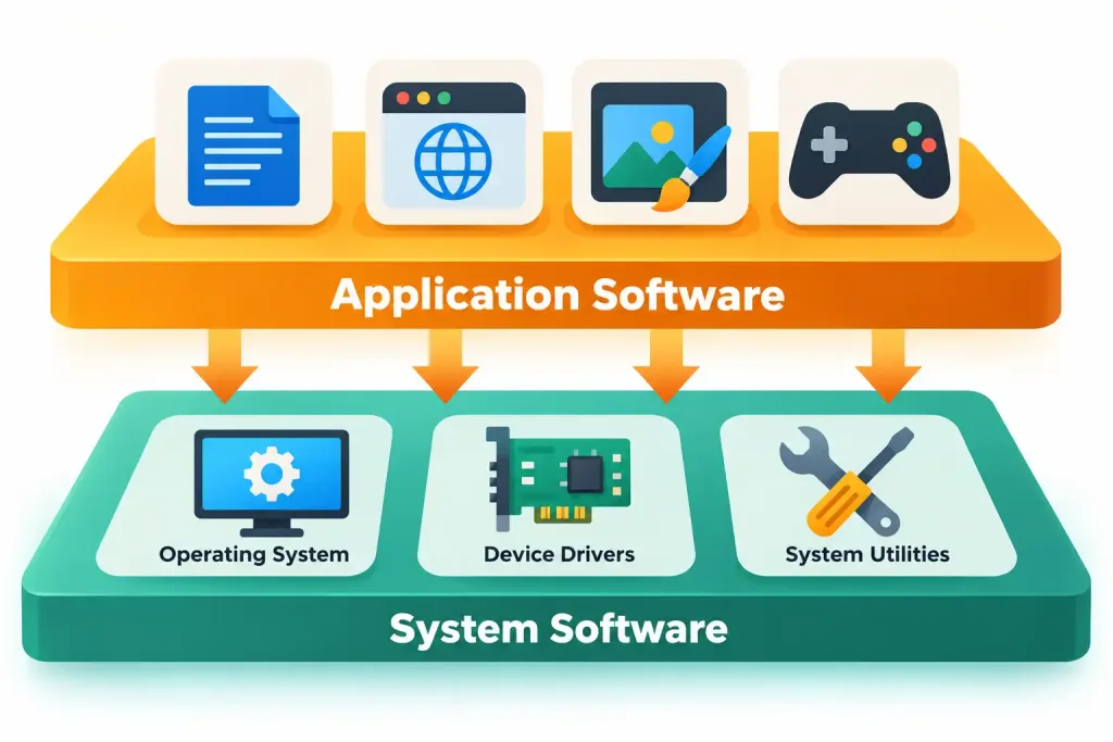 Lesson 3.3: The Purpose And Proper Use Of Software 2 Layered Diagram Showing Application Software Depending On System Software Beneath It