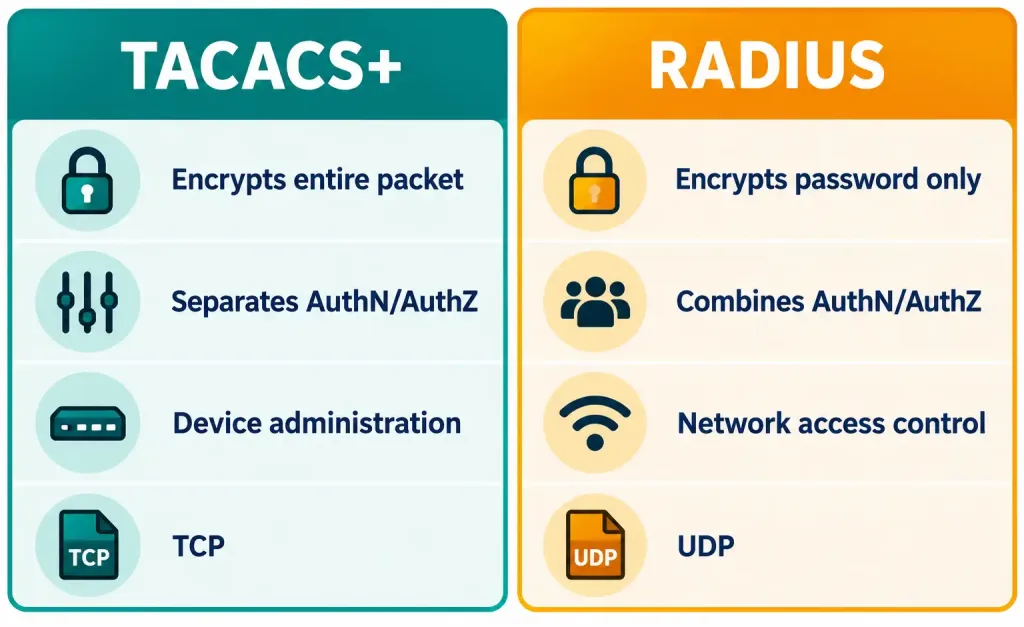 Compare Authentication, Authorization, And Accounting (Aaa) Concepts 4 Side-By-Side Comparison Chart Of Tacacs+ And Radius Across Encryption, Aaa Separation, Use Case, And Transport