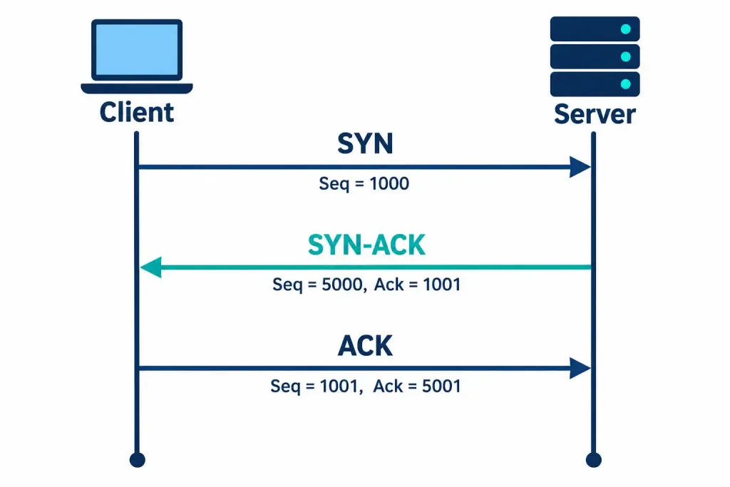 Lesson 1.4.2 — Tcp Vs. Udp And Transport Characteristics 2 Diagram Showing The Tcp Three-Way Handshake Sequence Of Syn, Syn-Ack, And Ack